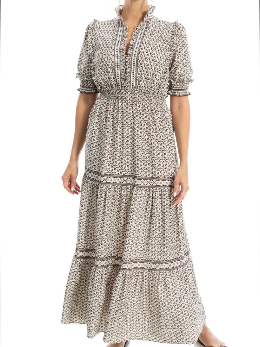 Max Studio Cream and Black Printed Smocked Maxi Dress with Ruffled Neckline